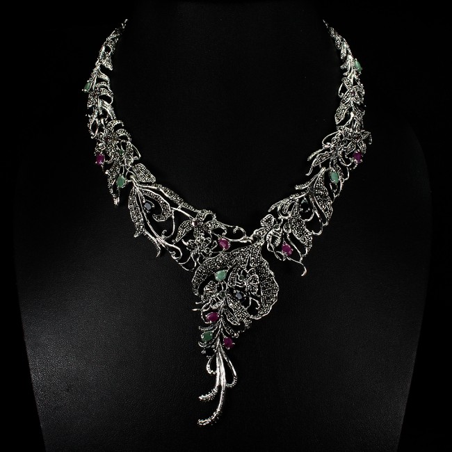 Alessandra Large authentic Kashmire Ruby Emerald .925 Sterling Silver handcrafted Statement necklace