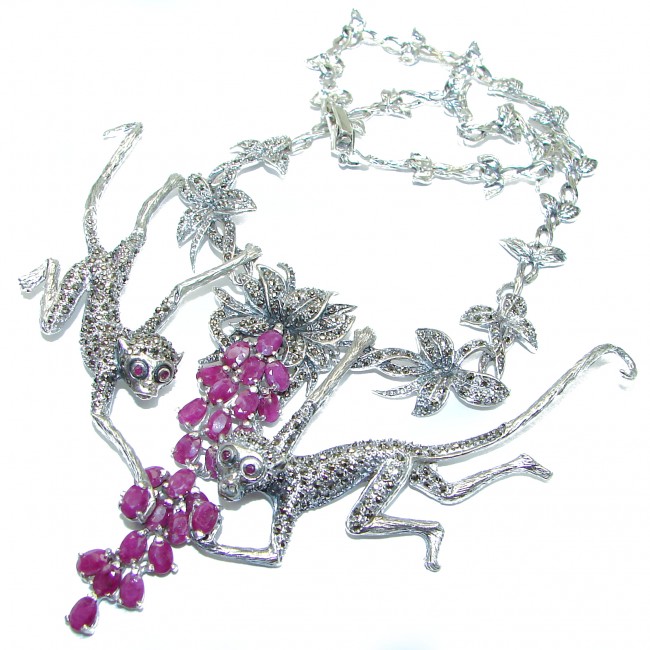 Playing Monkey Kashmir Ruby Marcasite .925 Sterling Silver handcrafted Necklace