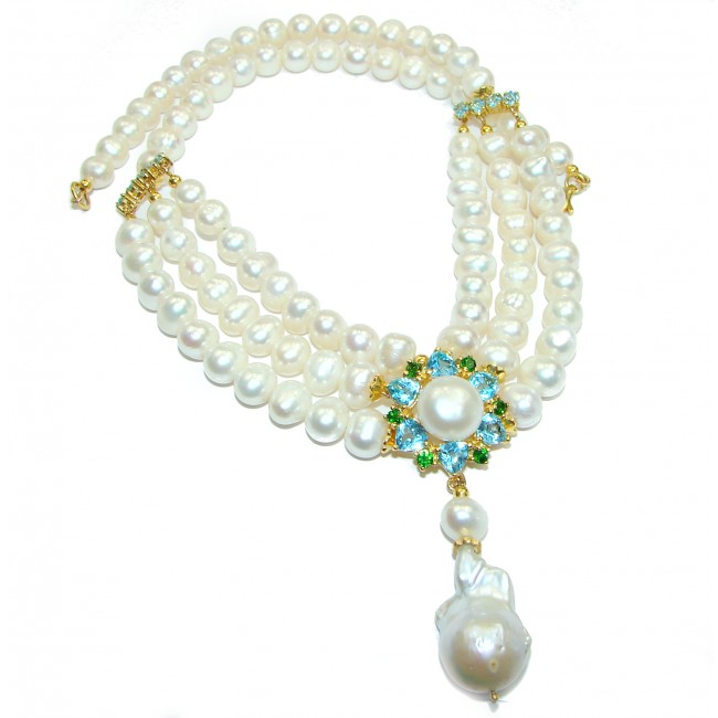 Trilliant Swiss Blue Topaz Pearl Mother of Pearl 14K Gold over .925 Sterling Silver handmade Necklace