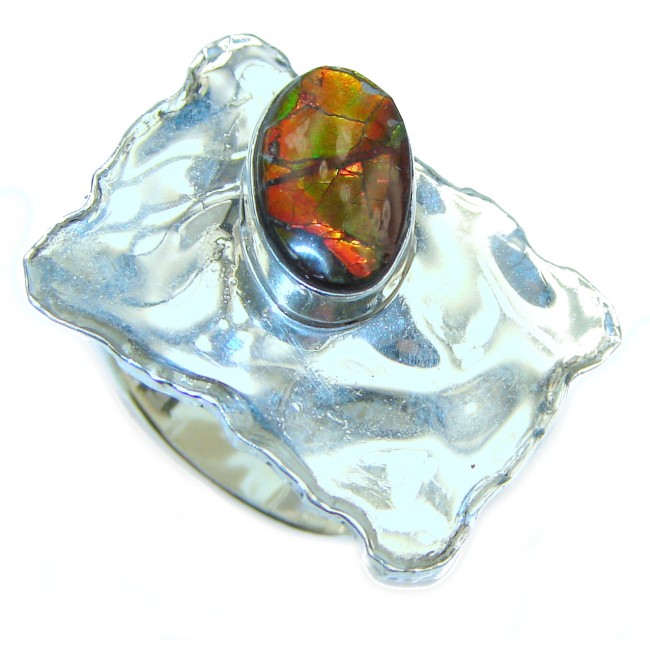 Pure Energy Fire Genuine Canadian Ammolite .925 Sterling Silver handmade ring size 4 1/4