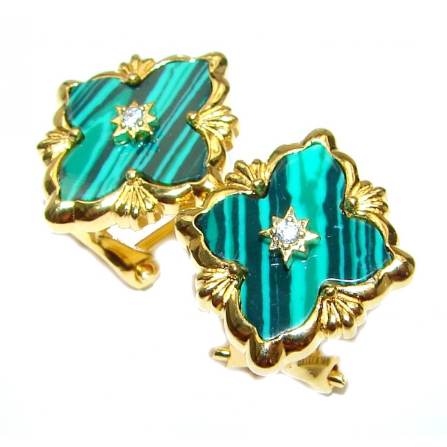 Outstanding Malachite Lucky Four Leaf Clover 18K Gold over .925 Sterling Silver Earrings