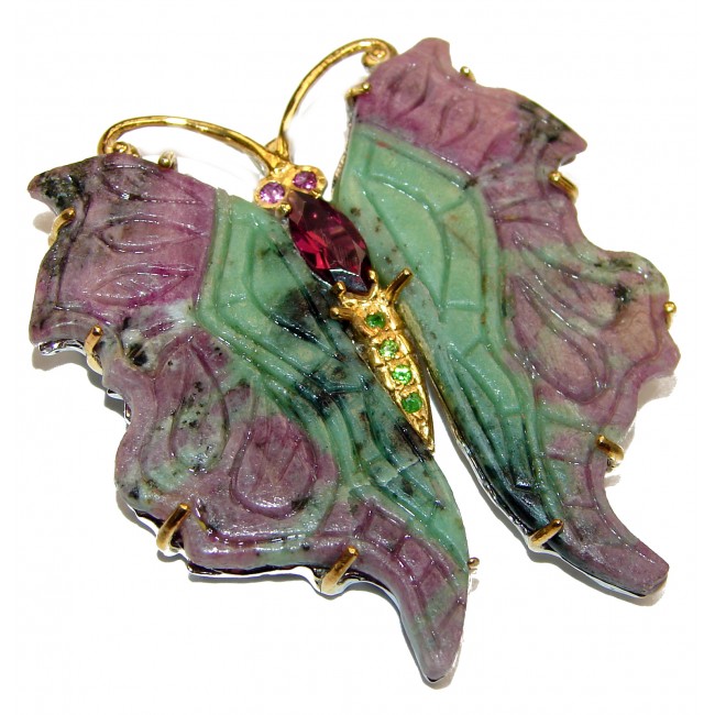 Incredible carved Butterfly Natural Ruby in Zoisite 925 Sterling Silver Pendant Brooch