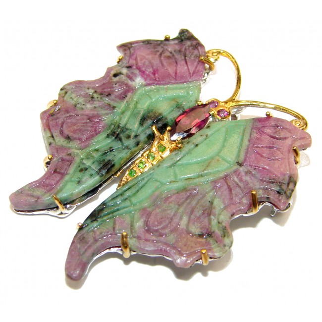 Incredible carved Butterfly Natural Ruby in Zoisite 925 Sterling Silver Pendant Brooch