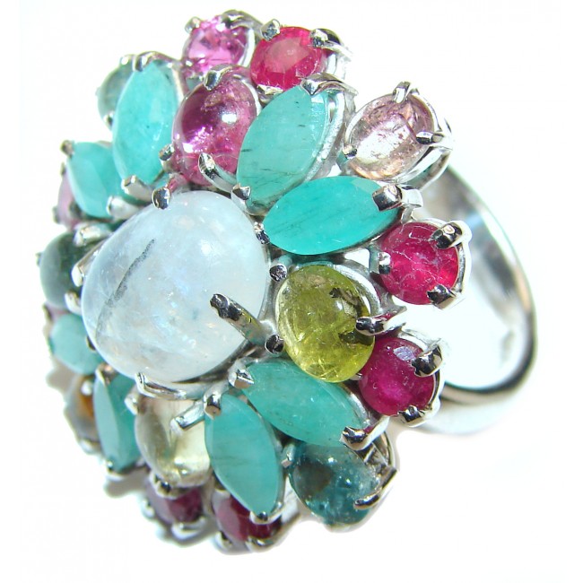 Rainbow Moonstone Ruby Emerald .925 Sterling Silver handmade Ring size 7 1/4
