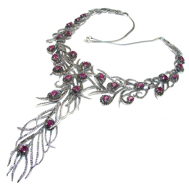 HUGE 73.6grams Peacock Feather design genuine Ruby .925 Sterling Silver handcrafted Necklace