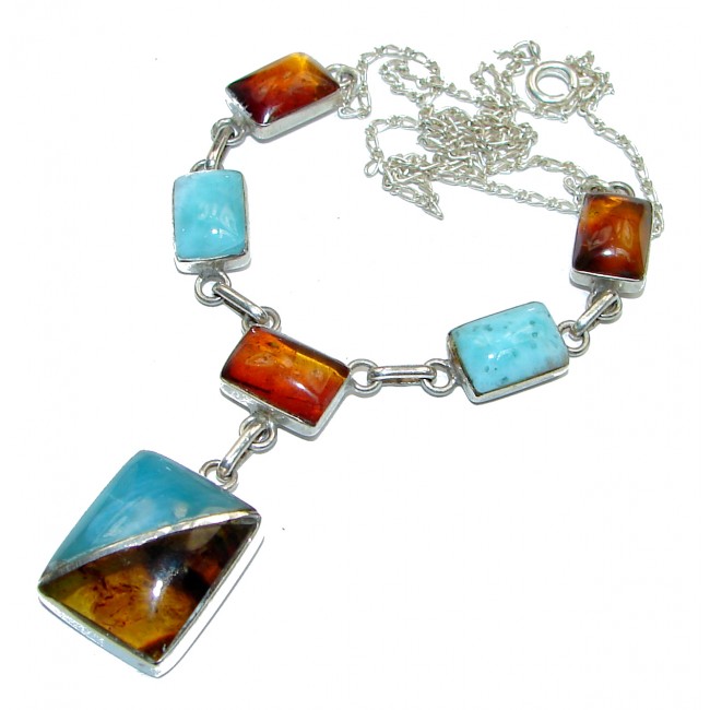 Perfect Together Best quality authentic Larimar Amber .925 Sterling Silver handmade necklace
