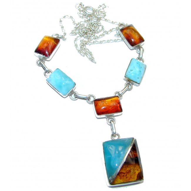Perfect Together Best quality authentic Larimar Amber .925 Sterling Silver handmade necklace