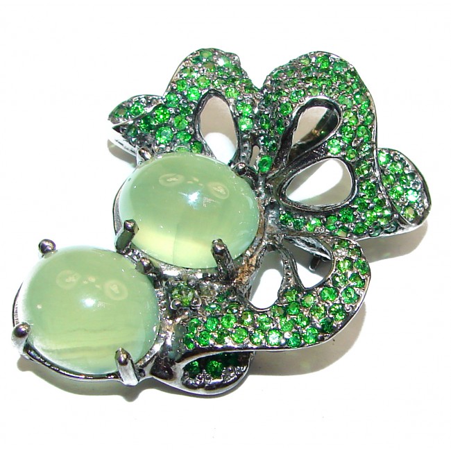 Beautiful genuine Prehnite Chrome Diopside Black rhodium over .925 Sterling Silver handcrafted Pendant Brooch