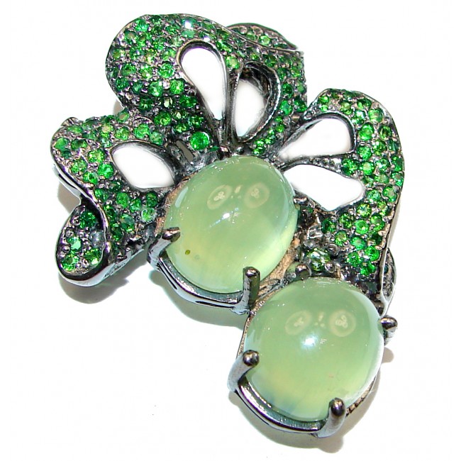 Beautiful genuine Prehnite Chrome Diopside Black rhodium over .925 Sterling Silver handcrafted Pendant Brooch