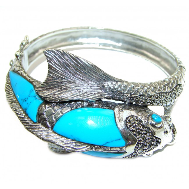 Large Fish Genuine inlay Turquoise Marcasite .925 Sterling Silver handmade Bracelet Bangle
