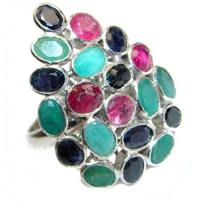 Alice Genuine Ruby Emerald Sapphire .925 Sterling Silver handmade Cocktail Ring s. 8 1/4