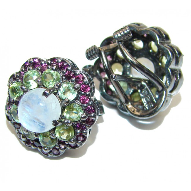 Angelica Rainbow Moonstone Ruby Black rhodium over .925 Sterling Silver handcrafted stud earrings