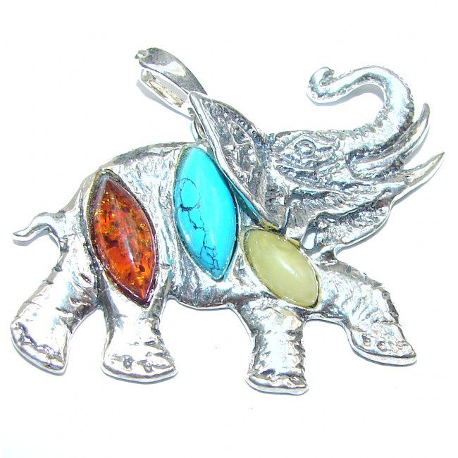 Elephant Natural Baltic Amber .925 Sterling Silver handmade Pendant