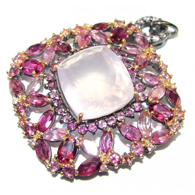 Vintage Design Pink Sapphire Rose Quartz 18K Gold over .925 Sterling Silver handcrafted Pendant & Brooch