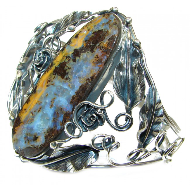 Large Norwegian Northern Lights genuine Boulder Opal handcrafted .925 Sterling Silver Bracelet