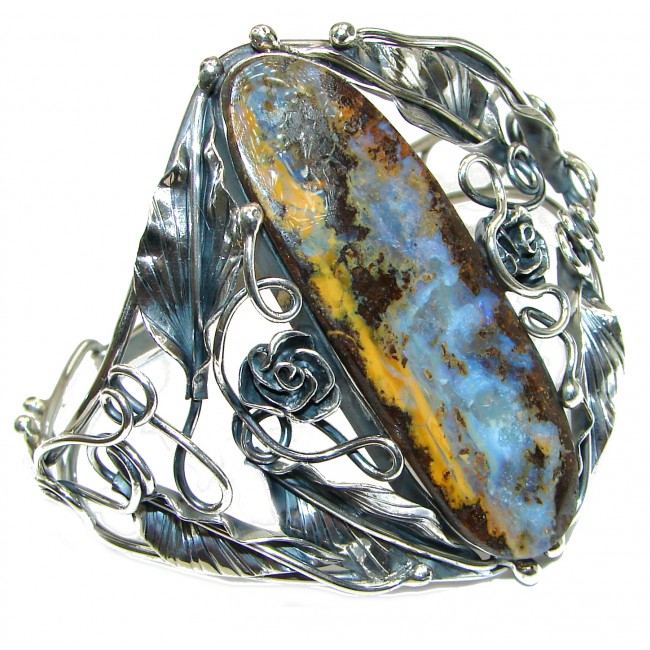 Large Norwegian Northern Lights genuine Boulder Opal handcrafted .925 Sterling Silver Bracelet