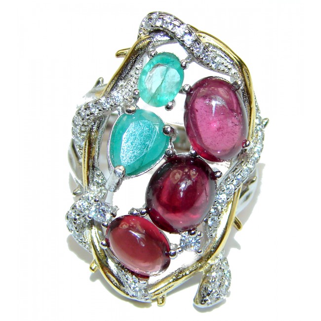 Valentina Large Genuine Ruby Emerald .925 Sterling Silver handcrafted Statement Ring size 6 1/4