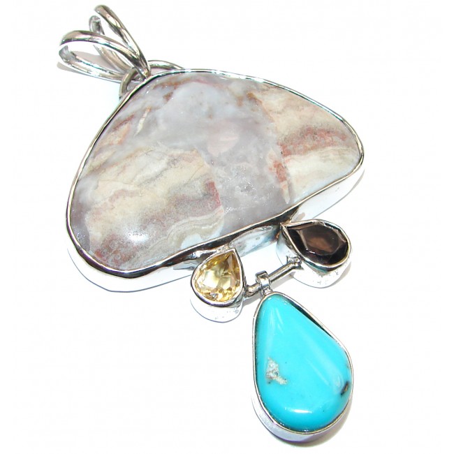 Huge Crazy Lace Agate .925 Sterling Silver handcrafted pendant