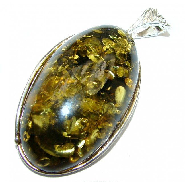 Large Natural Greeb Baltic Amber .925 Sterling Silver handmade Pendant