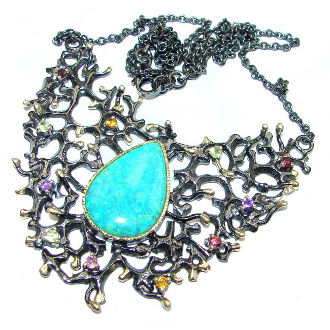 Spectacular Japanese Fire Opal black rhodium over .925 Sterling Silver brilliantly handcrafted necklace