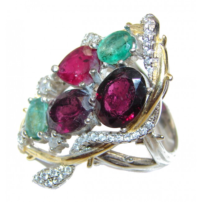Emily Large Genuine Ruby Emerald .925 Sterling Silver handcrafted Statement Ring size 7
