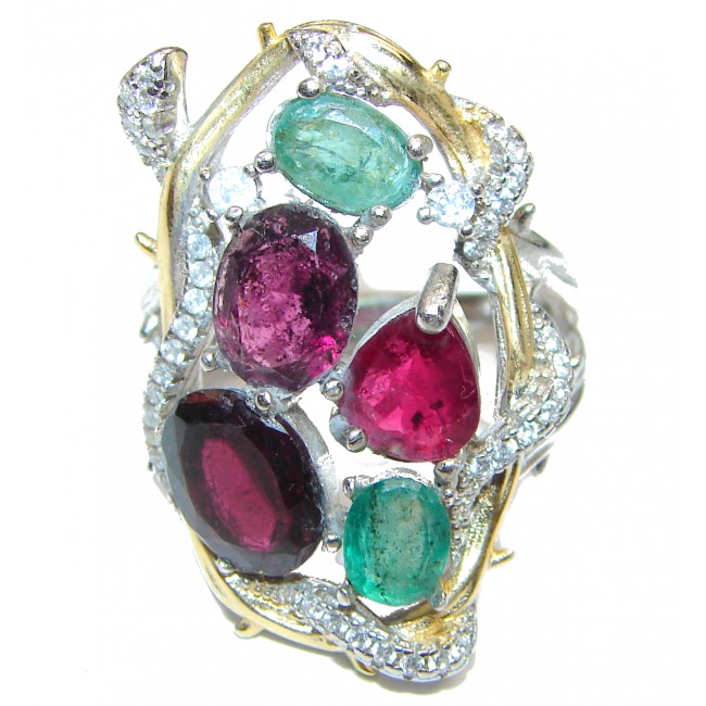 Emily Large Genuine Ruby Emerald .925 Sterling Silver handcrafted Statement Ring size 7
