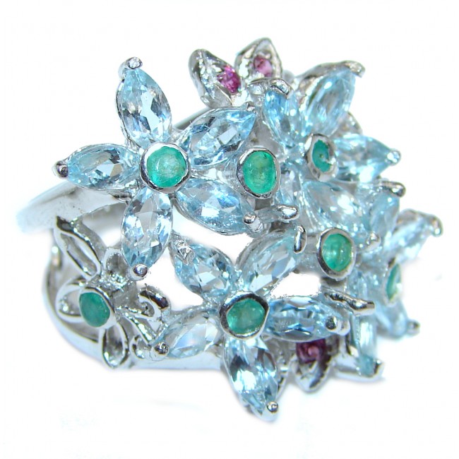 Splendid genuine Aquamarine Emerald .925 Sterling Silver Ring size 8