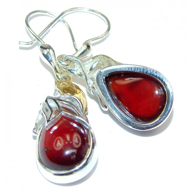 Rustic Design authentic Garnet 18K Gold over .925 Sterling Silver handcrafted earrings