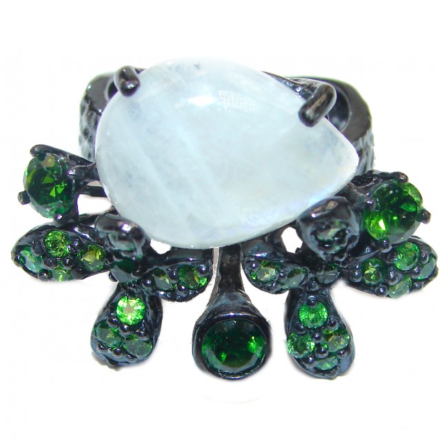 Rainbow Moonstone Chrome Diopside black rhodium over .925 Sterling Silver handmade Ring size 8