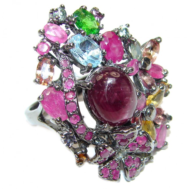 Gabriella Large Genuine Ruby black rhodium over .925 Sterling Silver handcrafted Statement Ring size 9 3/4