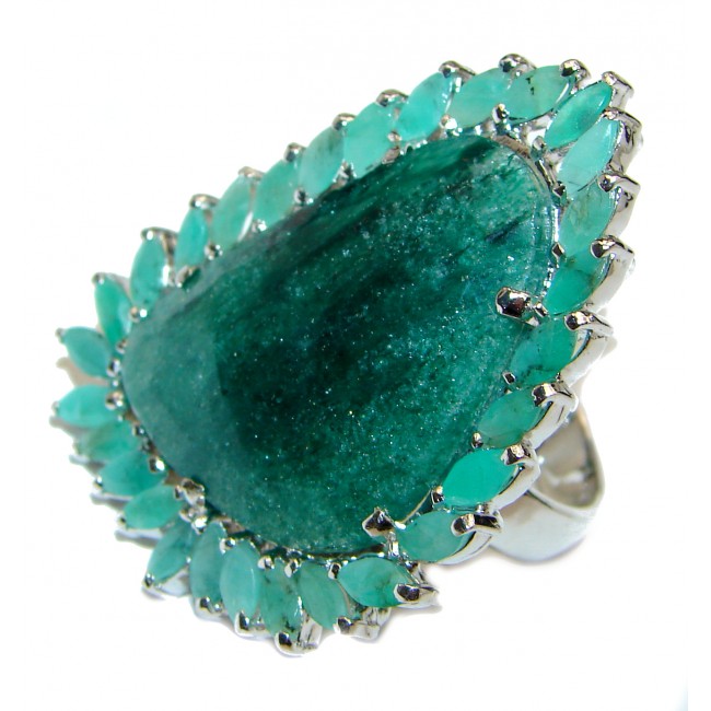 Green Ivy LARGE Genuine Emerald .925 Sterling Silver handmade Cocktail Ring s. 8 1/2