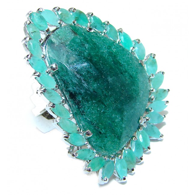 Green Ivy LARGE Genuine Emerald .925 Sterling Silver handmade Cocktail Ring s. 8 1/2