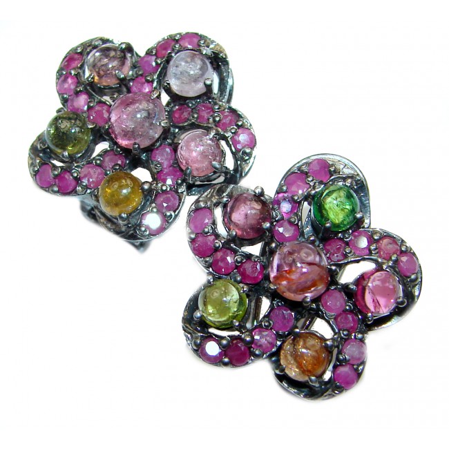 Earth Treasure Authentic Watermelon Tourmaline black rhodium .925 Sterling Silver handcrafted stud earrings