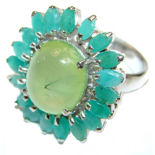 Large Natural Moss Prehnite .925 Sterling Silver handmade ring s. 8