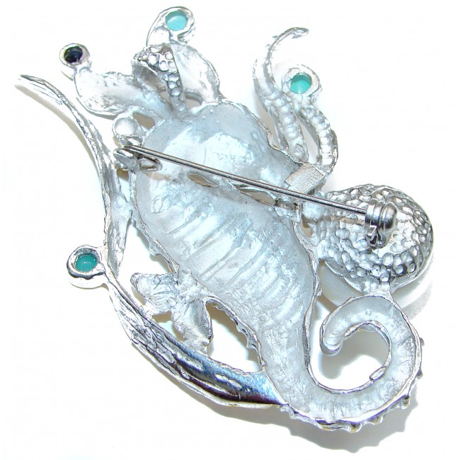 Incredible Large Seahorse Natural Pearl Emerald Sapphire 925 Sterling Silver Pendant Brooch