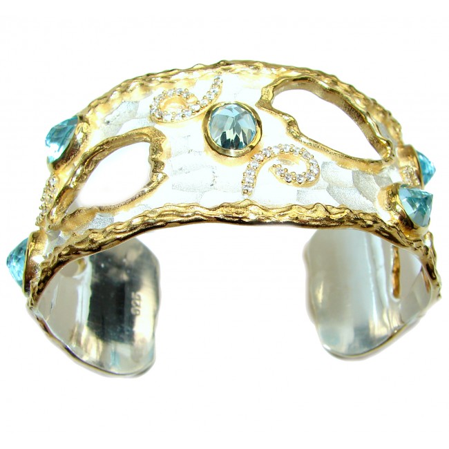 Bracelet with Swiss Blue Topaz & Diamonds 24K gold and Silver in Antique White Patina
