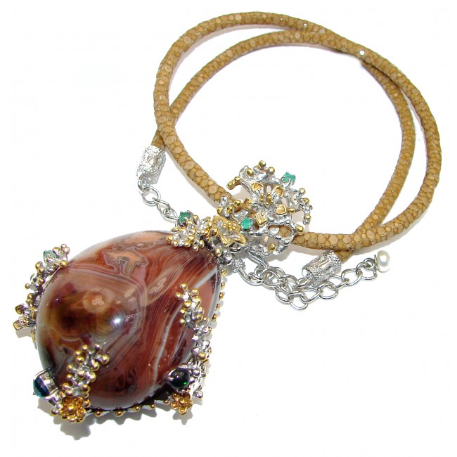 Handmade-superior quality- 137.7 grams Natural Crazy Lace Agate .925 925 Silver Stingray Leather Necklace