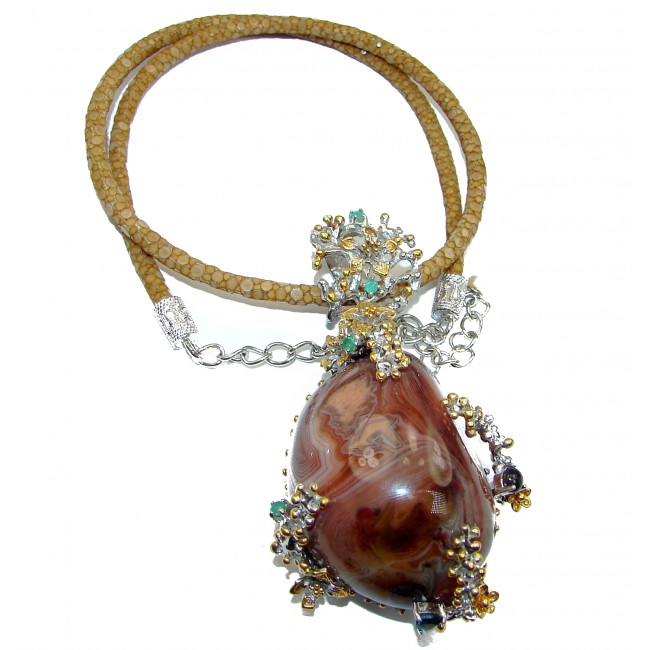 Handmade-superior quality- 137.7 grams Natural Crazy Lace Agate .925 925 Silver Stingray Leather Necklace