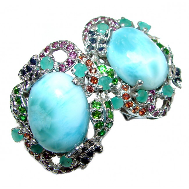 Blue Treasure Larimar Ruby Emerald .925 Sterling Silver stud earrings