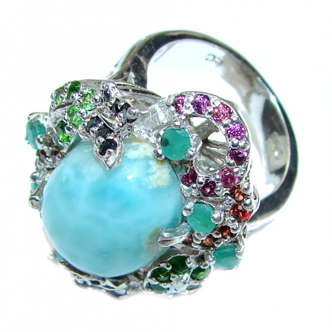 Emily Real Beauty Natural Larimar Ruby Emerald .925 Sterling Silver handcrafted Large Ring s. 7 3/4
