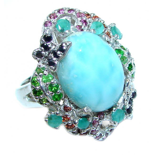 Emily Real Beauty Natural Larimar Ruby Emerald .925 Sterling Silver handcrafted Large Ring s. 7 3/4