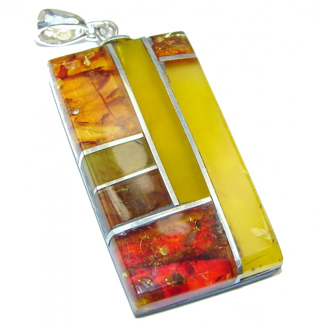 Handcrafted Mosaic Polish Amber Bamboo Wood .925 Sterling Silver handcrafted Pendant