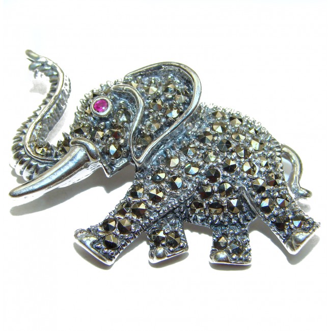 Lucky Elephant Natural Ruby Marcasite .925 Sterling Silver handmade Pendant Brooch