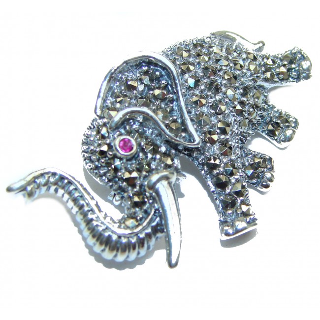 Lucky Elephant Natural Ruby Marcasite .925 Sterling Silver handmade Pendant Brooch