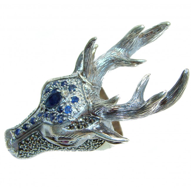 Large Deer Head Sapphire .925 Sterling Silver handmade Ring size 8 3/4
