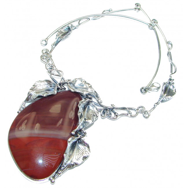 INCREDIBLE- HUGE Floral Design genuine Red Jasper .925 Sterling Silver handcrafted necklace