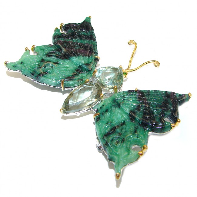 LARGE Incredible carved Butterfly Natural Ruby in Zoisite 925 Sterling Silver Pendant Brooch