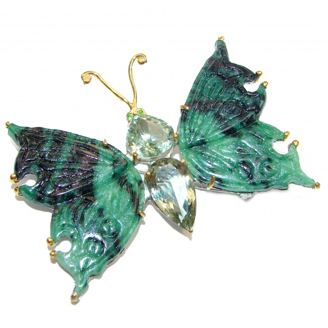 LARGE Incredible carved Butterfly Natural Ruby in Zoisite 925 Sterling Silver Pendant Brooch