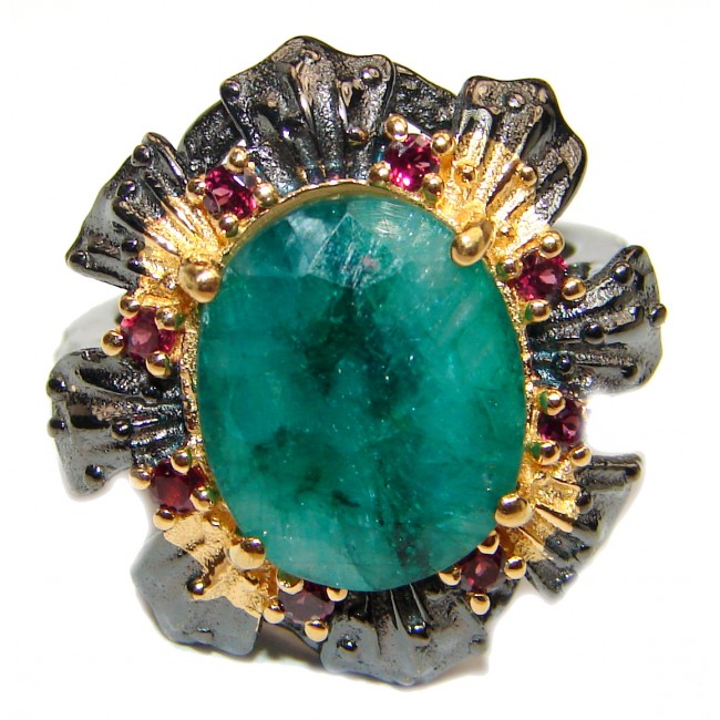 Victorian Style Emerald & Garnet 14K Gold over .925 Sterling Silver Ring s. 7 1/4