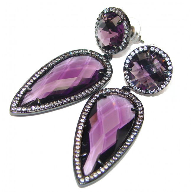 Huge Authentic faceted Purple Quartz black rhodium .925 Sterling Silver handmade earrings
